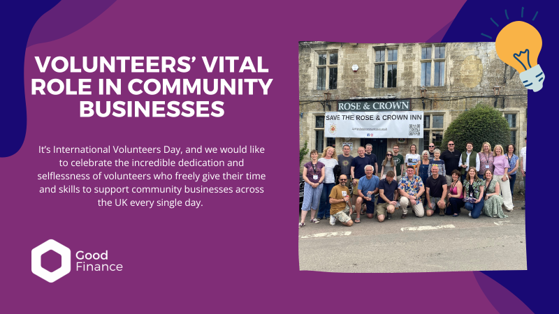 A group photo of volunteers standing outside the historic Rose & Crown Inn, with a banner reading "Save the Rose & Crown Inn" displayed in the background. The scene celebrates the collective efforts of the volunteers who support community businesses.